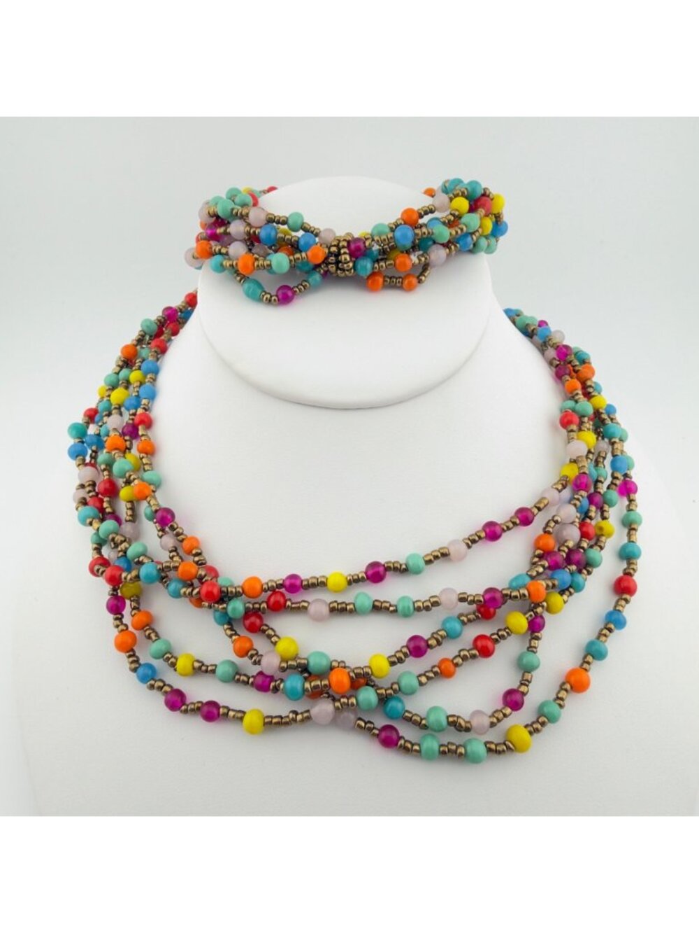 Multi Strand Bright Colored Glass Bead Necklace Bracelet Set Beach Boho
